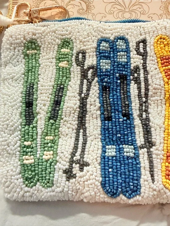 Hand Beaded Viral Ski Motif Clutch — White with Multi Colored Skis - Picture 4 of 7